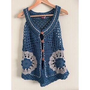 Lulumari Crochet Teal Vest Chain Accents Wooden Button Festival Look Unique M/L